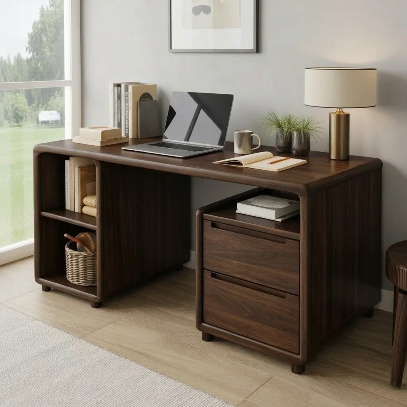 Modern Solid Wood Desk with Curved Edges and Integrated Storage Drawers