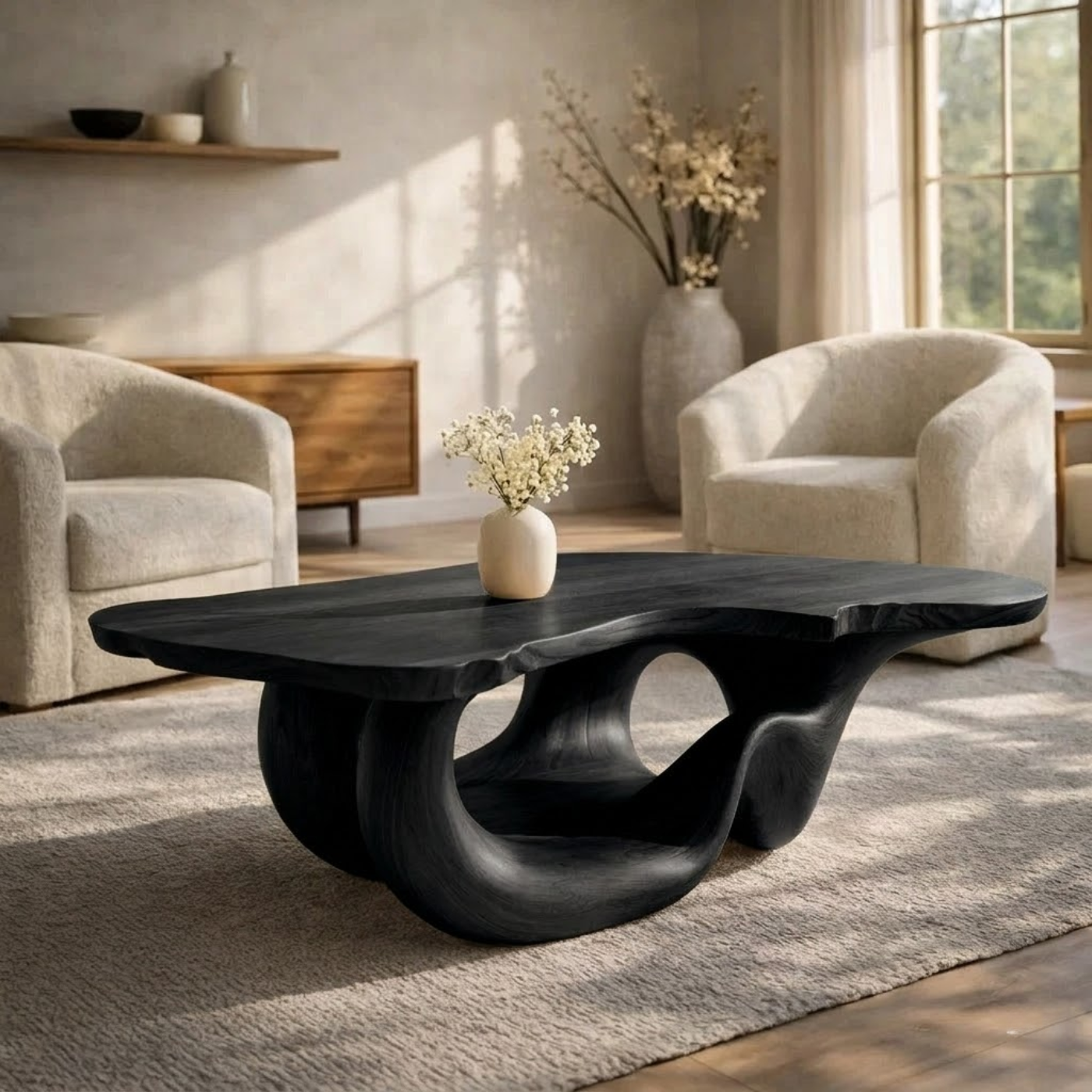 Solid Wood Live Edge Coffee Table for Modern Living Space with Sculptural Base