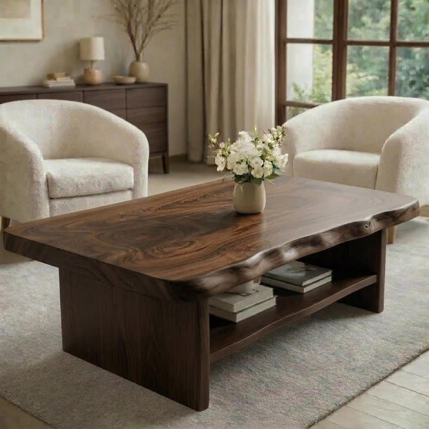 Solid Wood Coffee Table for Living Room with Live Edge Top and Storage Shelf