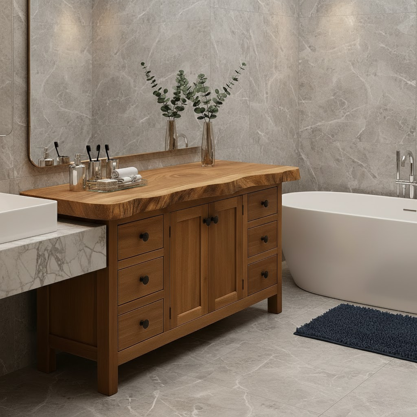 Solid Wood Bathroom Vanity with Live Edge Top and Ample Storage
