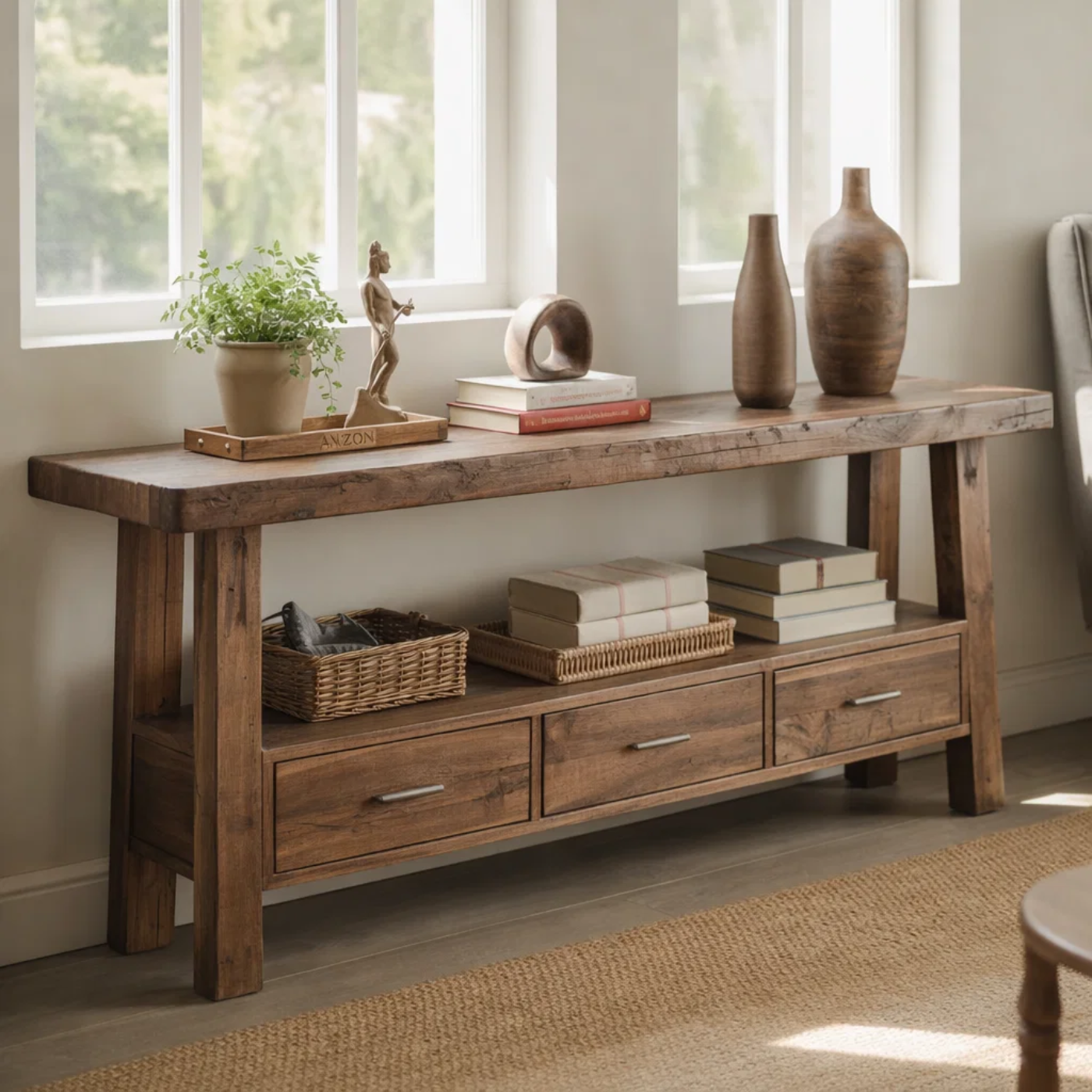 Solid Wood Console Table for Living Room with 3 Drawers and Open Shelf