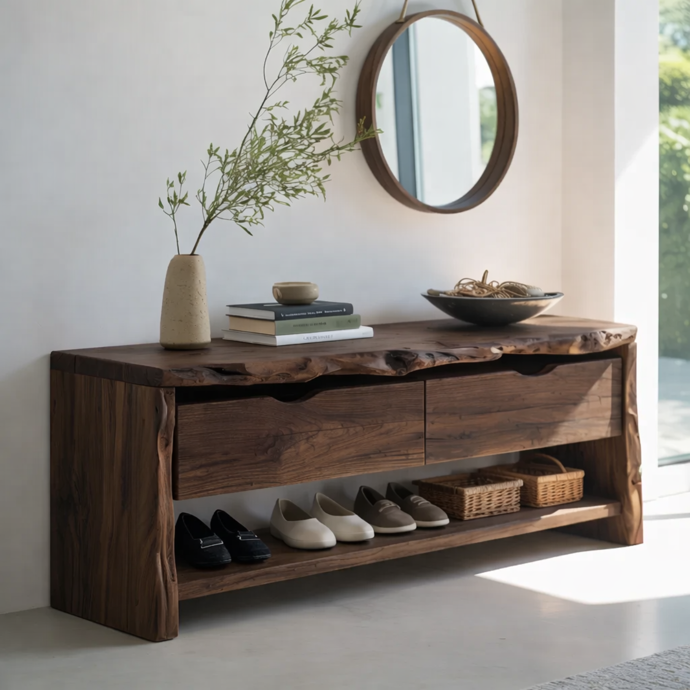 Solid Wood Live Edge Entryway Bench with Drawers & Shoe Shelf – Natural Wood Shoe Storage Bench