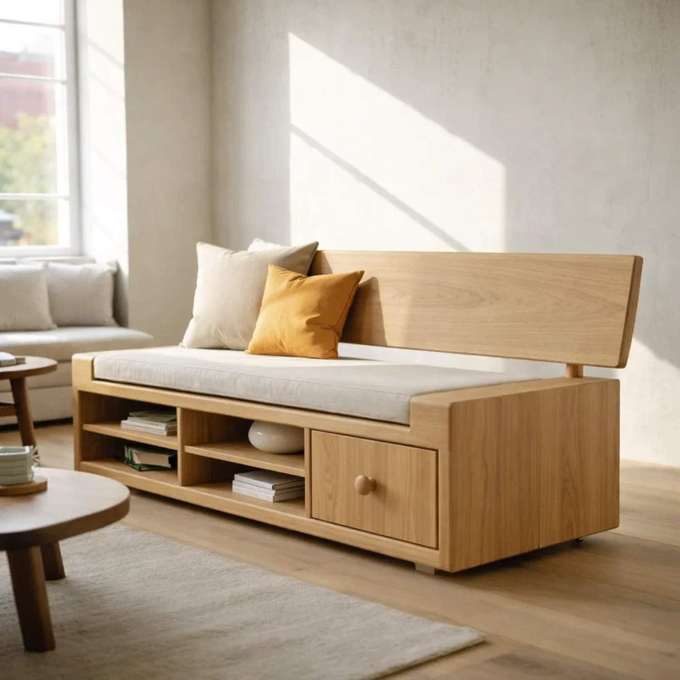 Solid Wood Storage Sofa – Walnut Wooden Sofa with Built-in Shelves