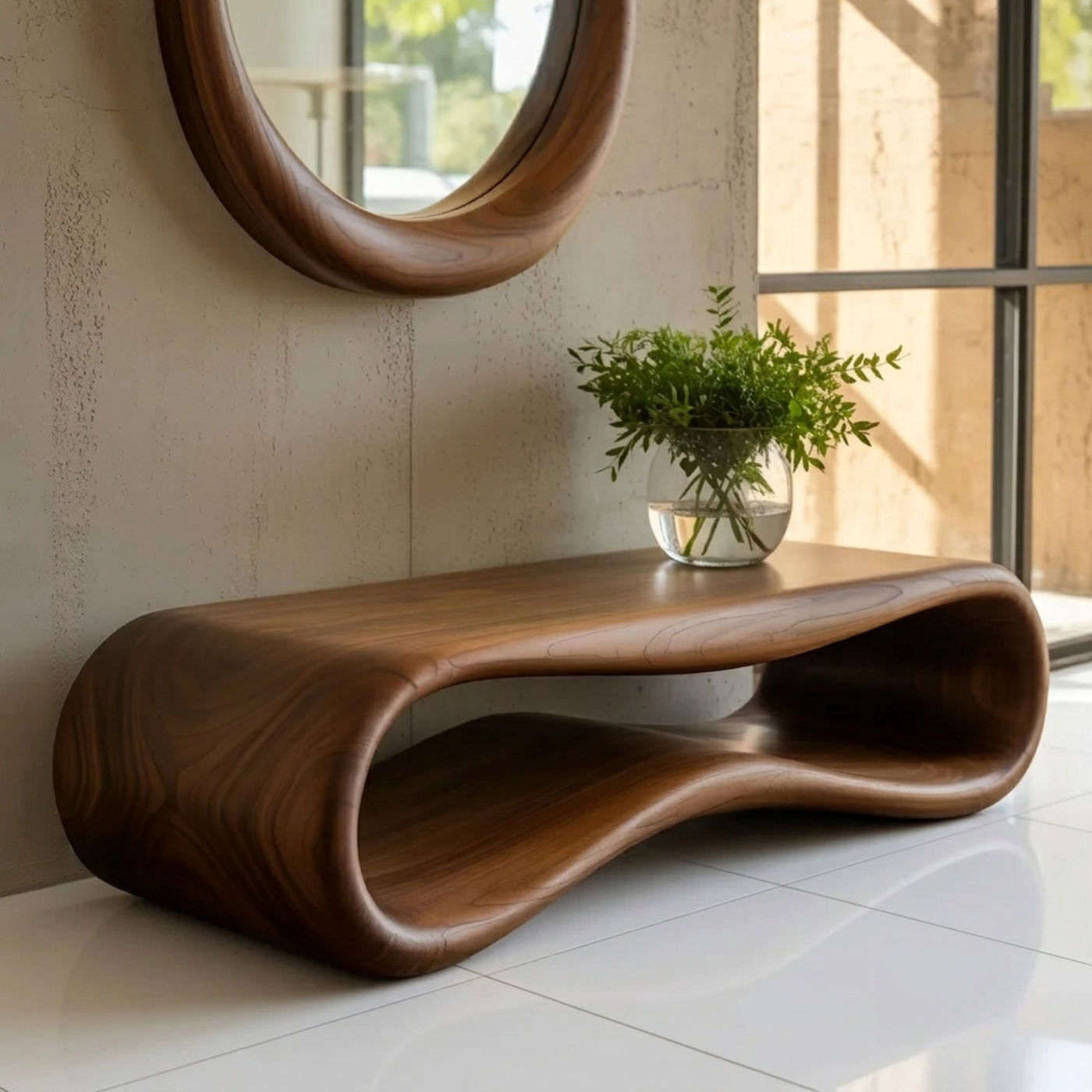 Modern Sculptural Solid Wood Bench - Organic Curved Entryway Seating