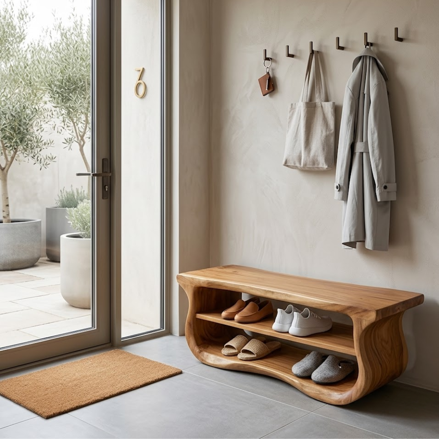 Solid Wood Entryway Bench with Shoe Storage, Organic Wavy Hallway Seating