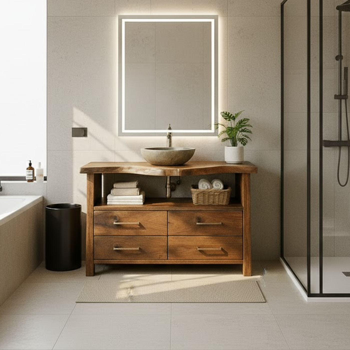 Live Edge Solid Wood Bathroom Vanity with 4 Drawers and Open Storage Shelf for Modern Rustic Interiors