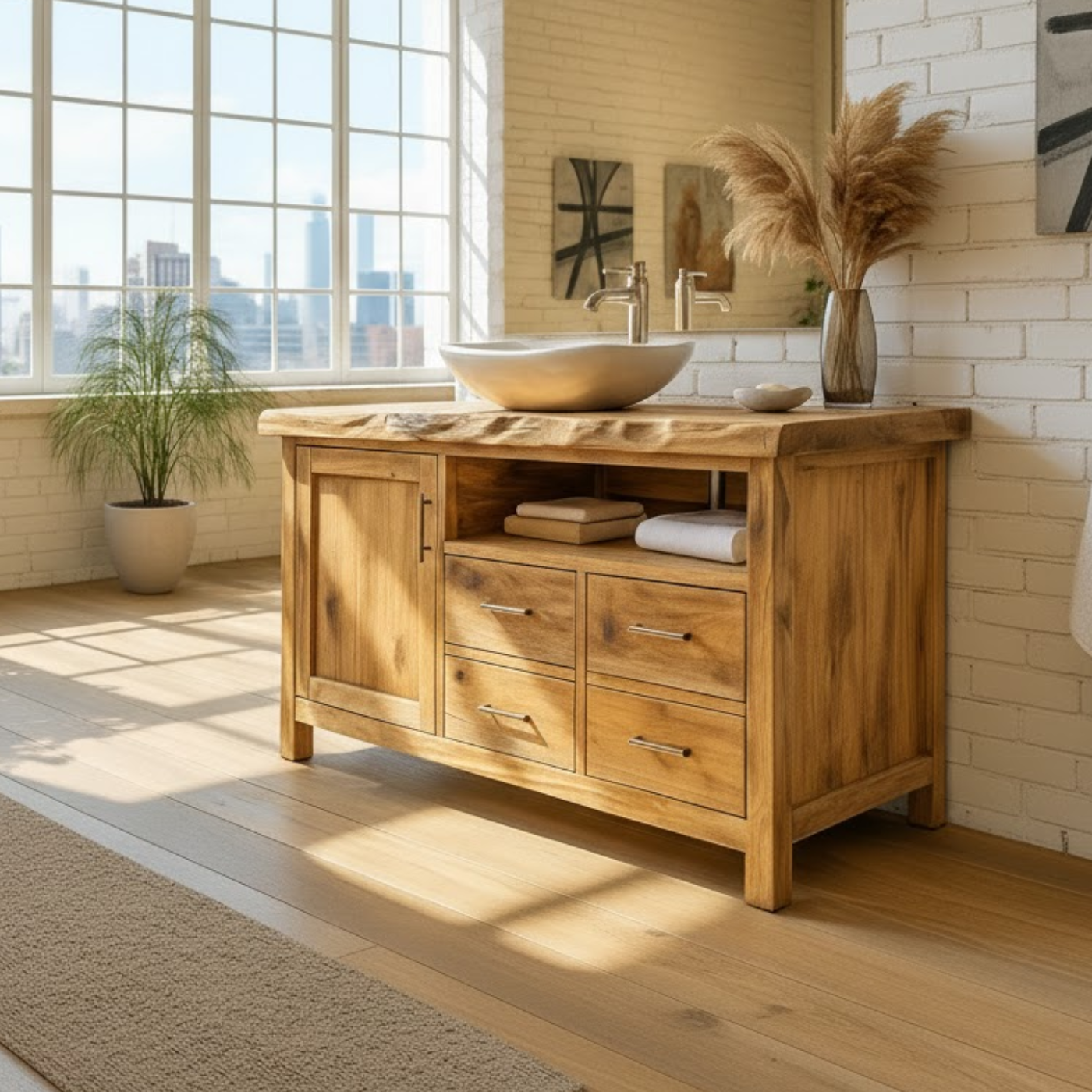 Solid Wood Live Edge Bathroom Vanity with 4 Drawers and Cabinet Door