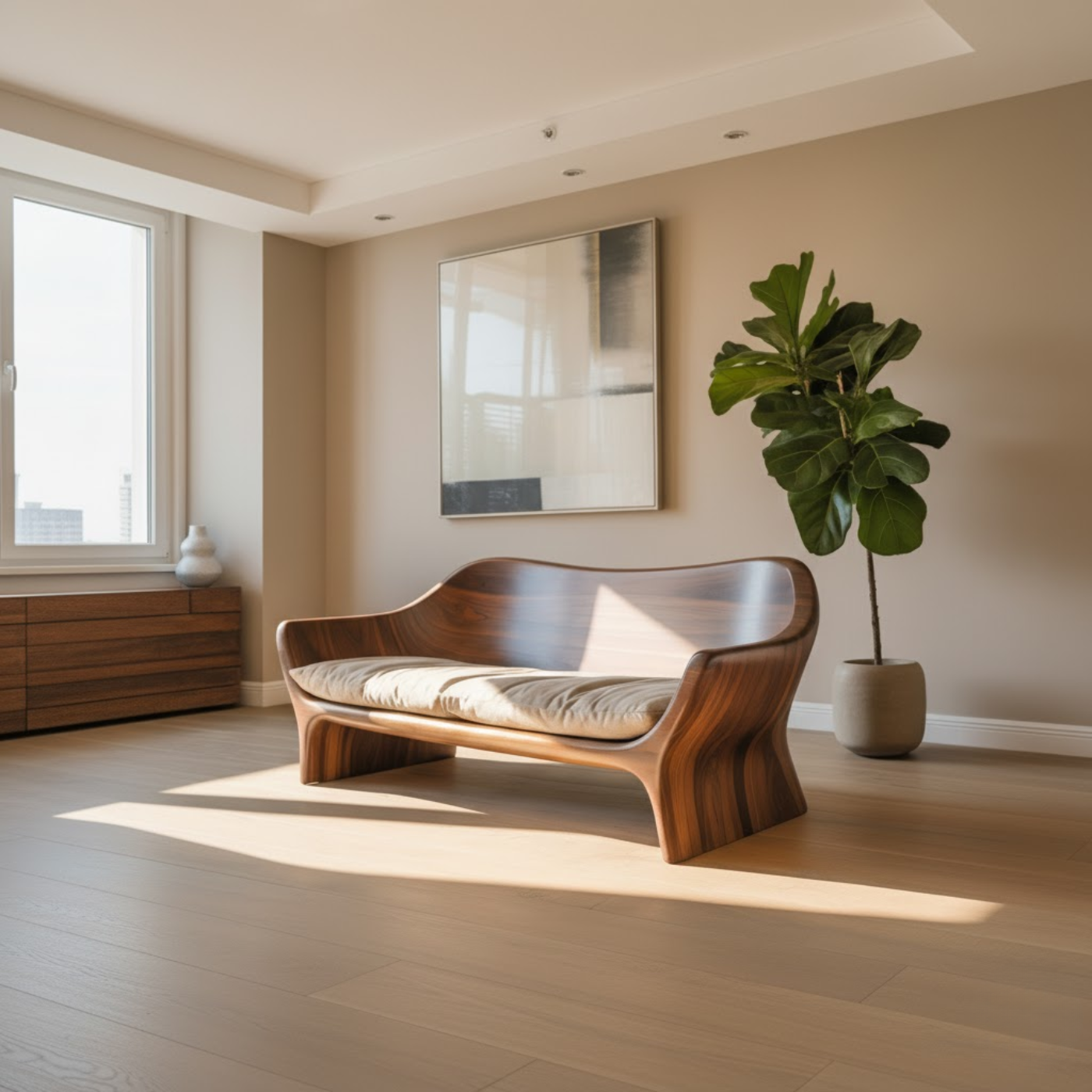 Modern Solid Wood Sofa with Sculpted Curved Frame