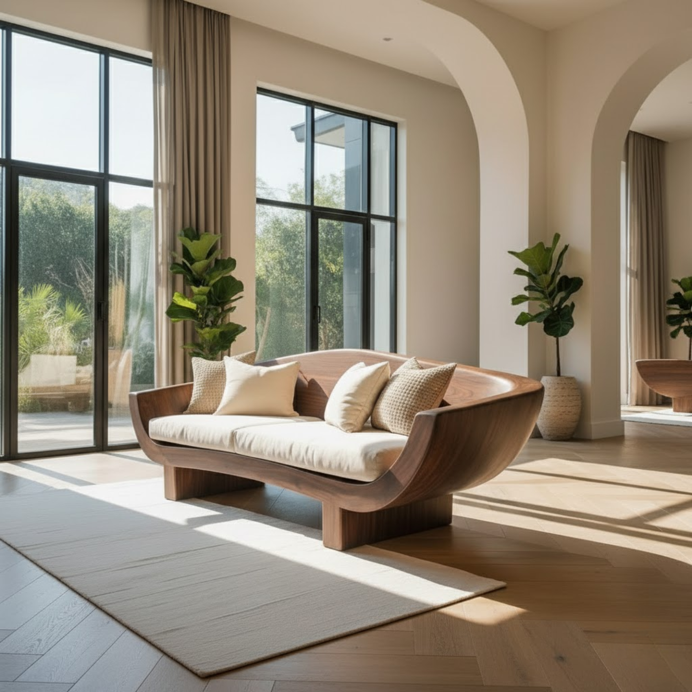 Luxury Sculptural Solid Wood Sofa with Organic Curved Frame