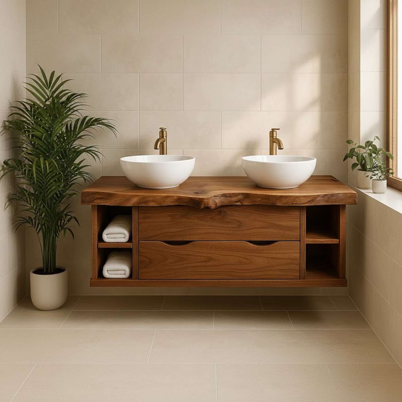 Rustic Double Sink Solid Wood Floating Bathroom Vanity with Live Edge Countertop