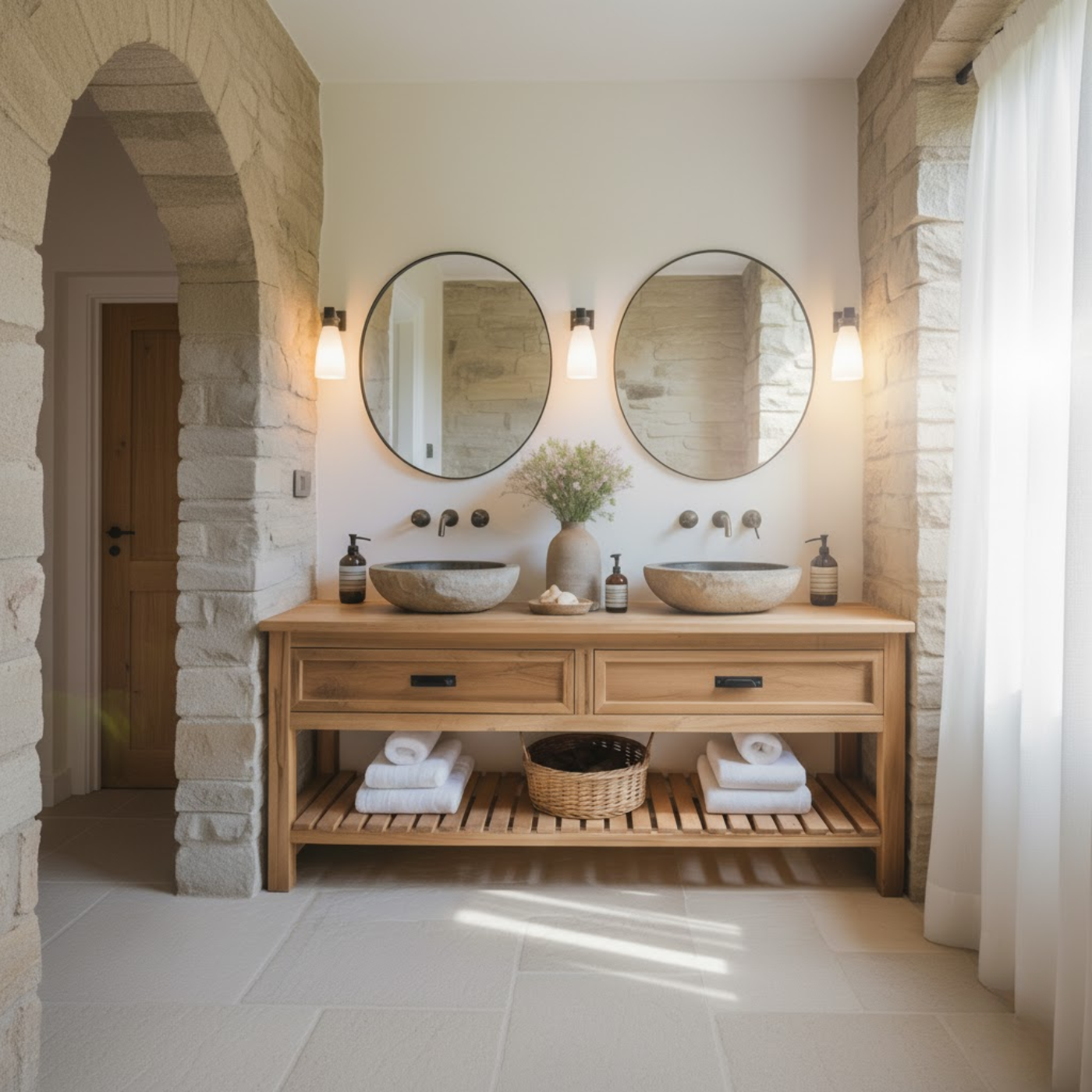Rustic Solid Wood Double Bathroom Vanity with Open Slatted Shelf