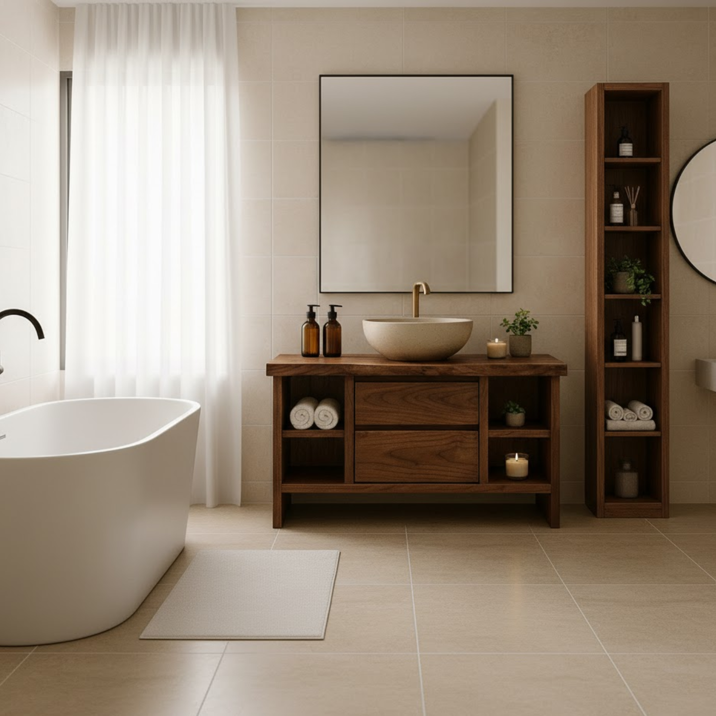 Solid Wood Bathroom Vanity with Open Shelving and Double Drawers