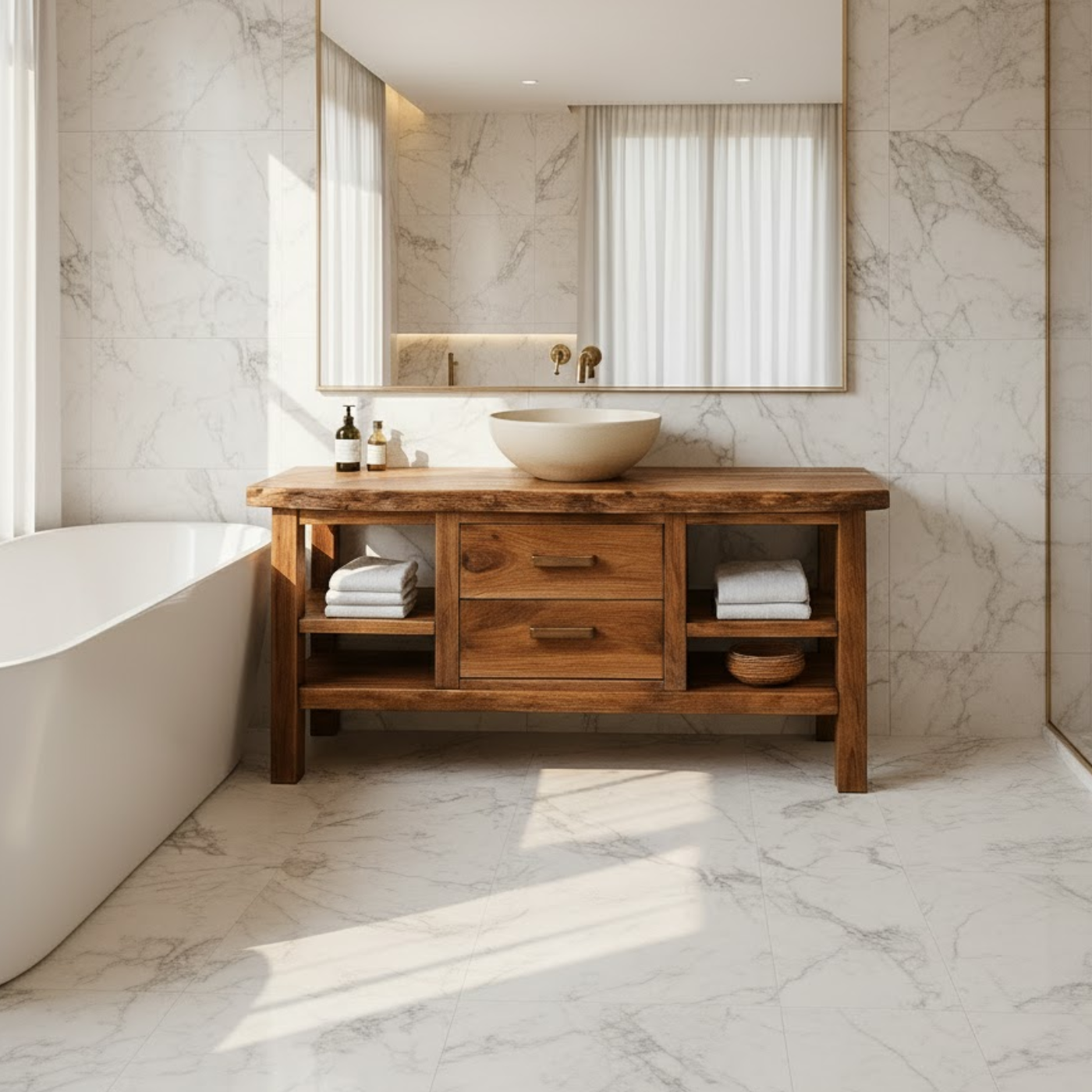 Solid Wood Bathroom Vanity with Center Drawers and Open Side Shelves for Contemporary Bathrooms