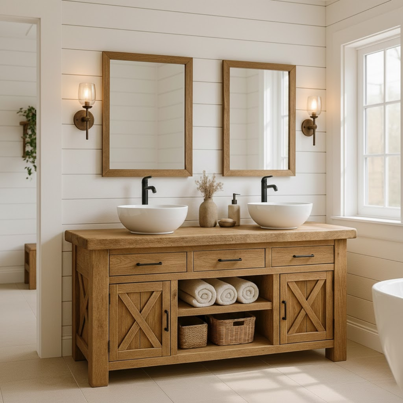 Farmhouse Solid Wood Double Bathroom Vanity with 3 Drawers, Sliding Barn Doors and Open Shelf