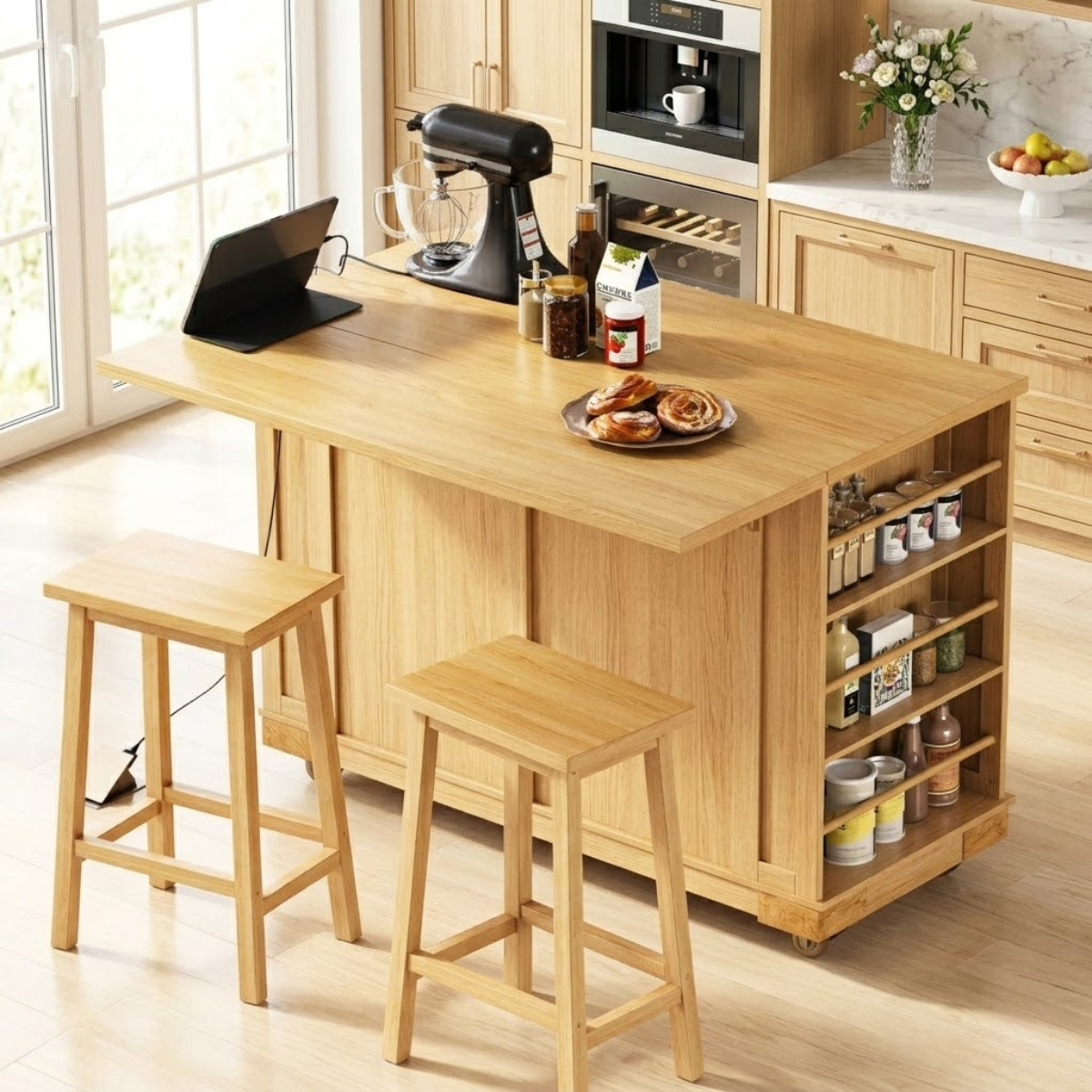 Large Kitchen Island with Side Spice Shelves, Modern Prep Table, Dining Island for Home Kitchen