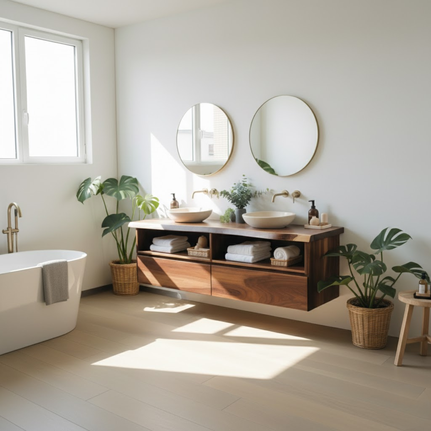 Modern Double Floating Solid Wood Bathroom Vanity Cabinet