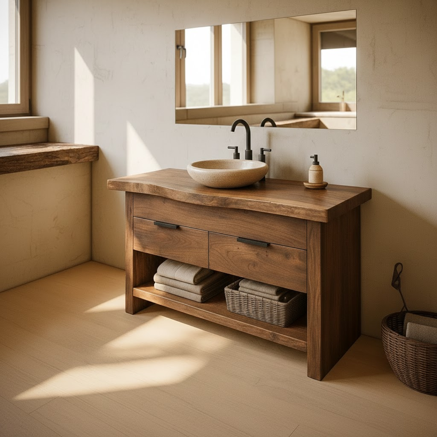 Modern Solid Wood Bathroom Vanity with Double Drawers and Open Bottom Shelf