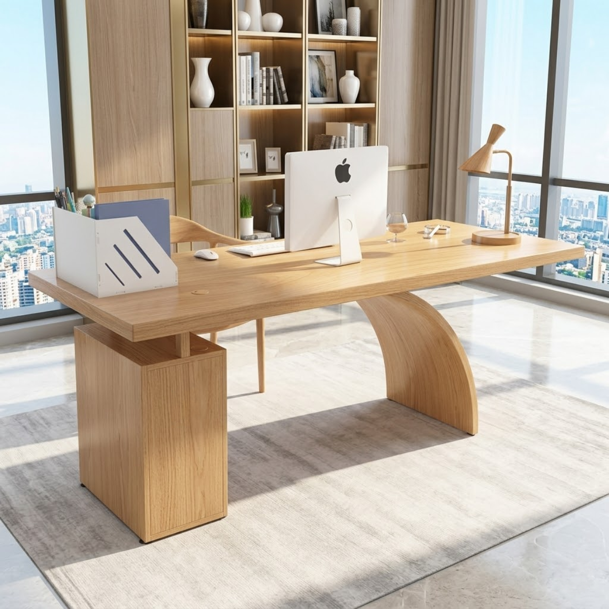 Modern Executive Desk with Curved Base, Large Minimalist Home Office Writing Table