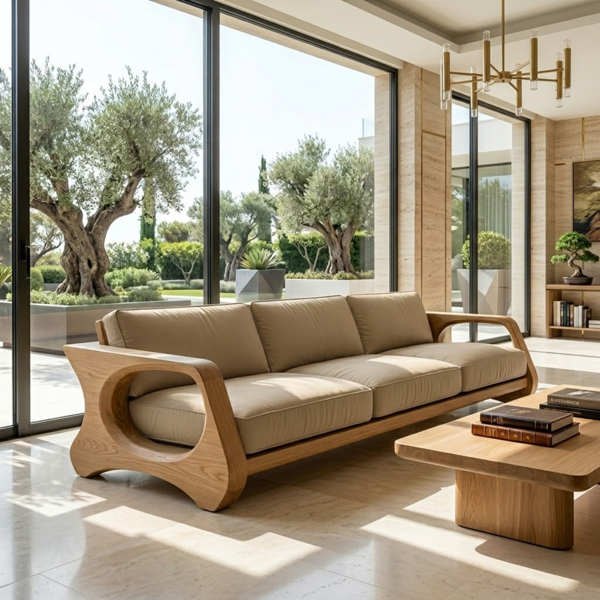 Modern Sculptural Solid Wood Sofa with Beige Cushions Organic Curved Couch