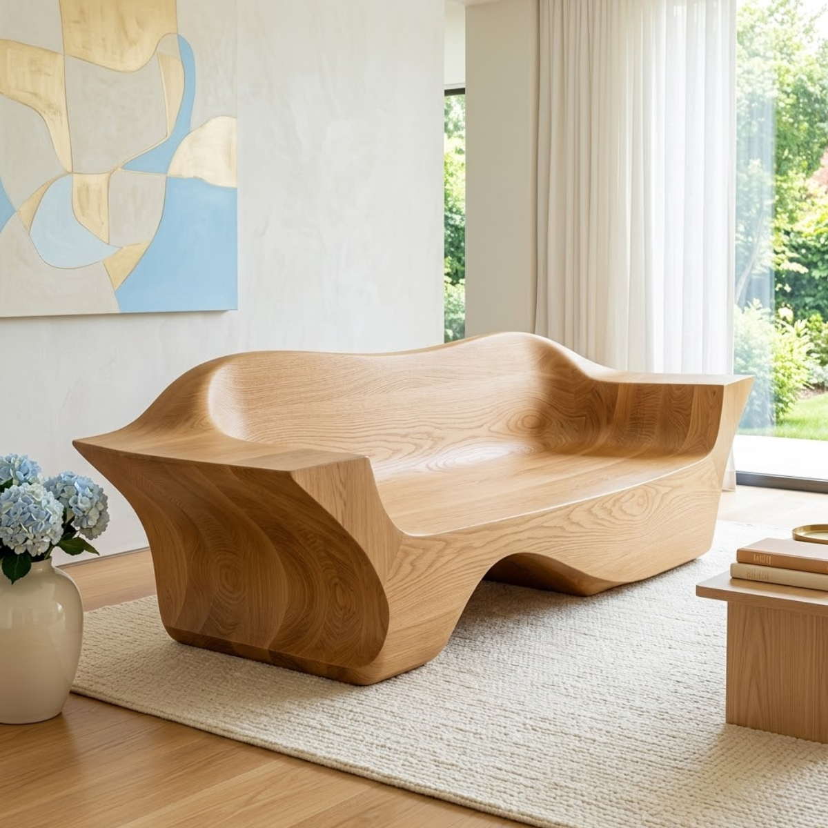 Modern Sculptural Curved Sofa Bench, Organic Statement Living Room Furniture Piece