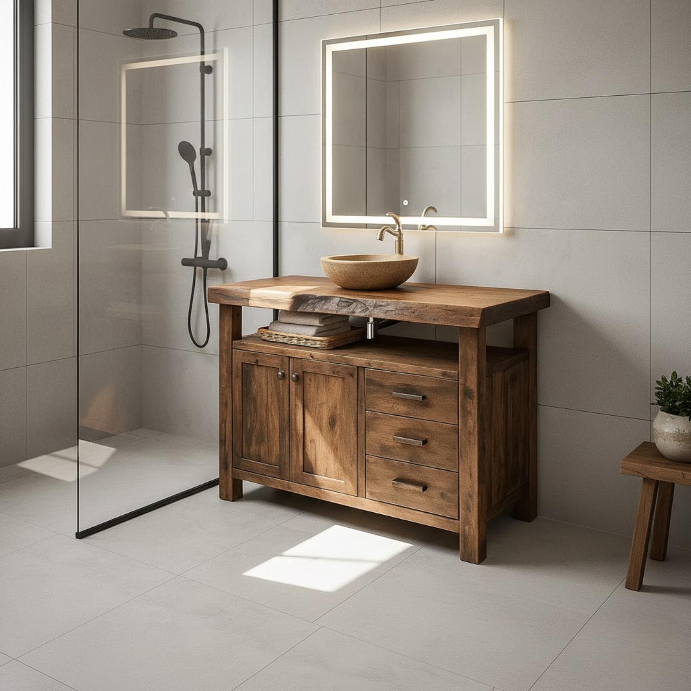 Rustic Solid Wood Bathroom Vanity with Double Door Cabinet and Three Drawers