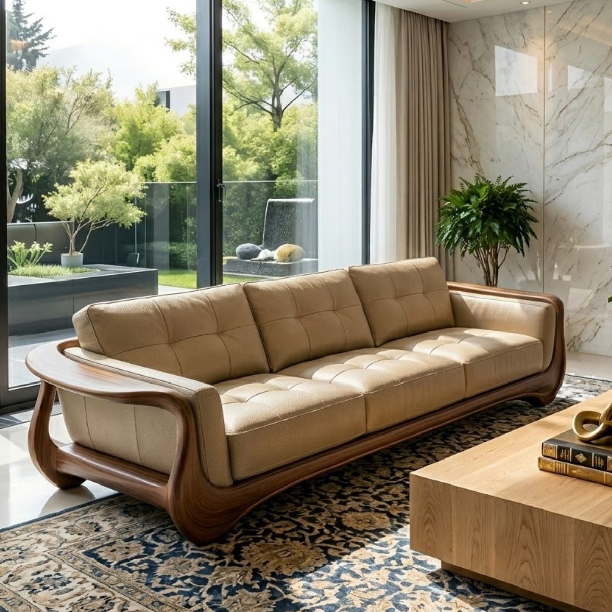 Luxury Curved Solid Wood Sofa with Tan Tufted Leather High-End Modern Couch