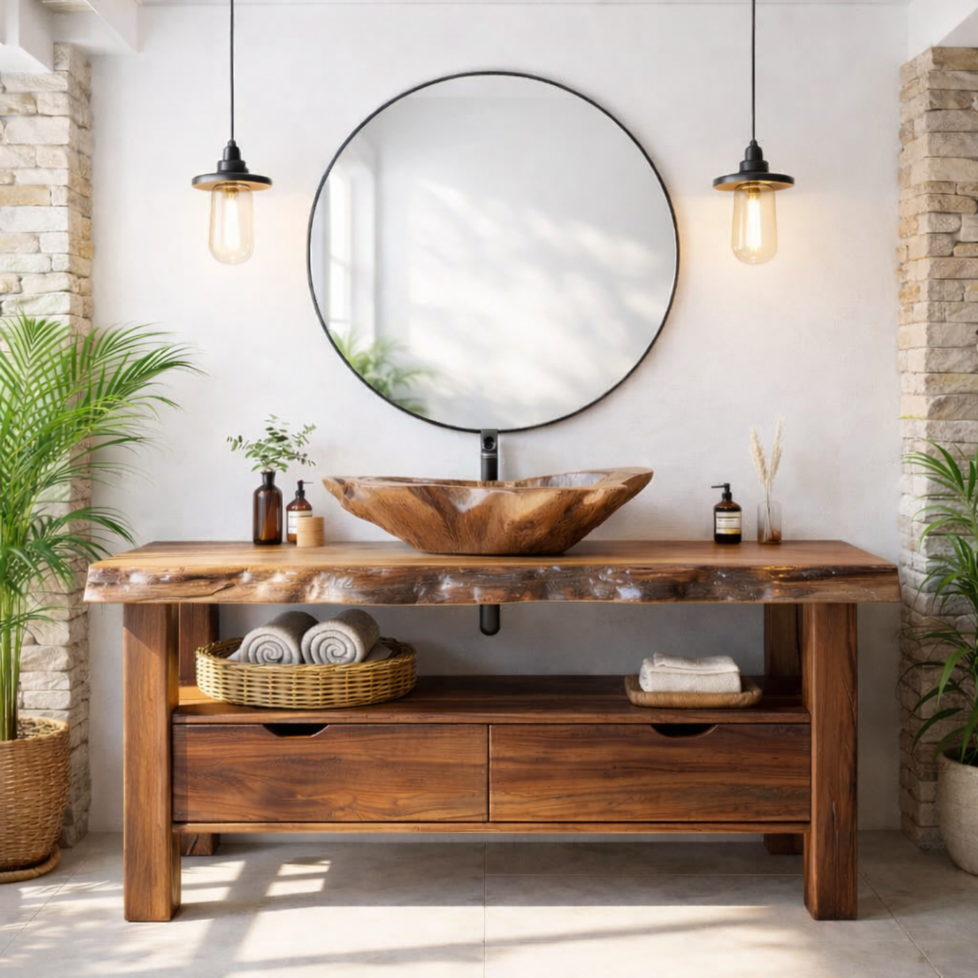 Solid Wood Bathroom Vanity with Live Edge Countertop and Open Shelf – Rustic Modern Bathroom Cabinet