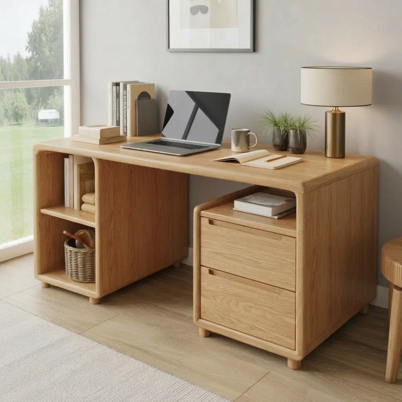 Modern Solid Wood Desk with Curved Edges and Integrated Storage Drawers