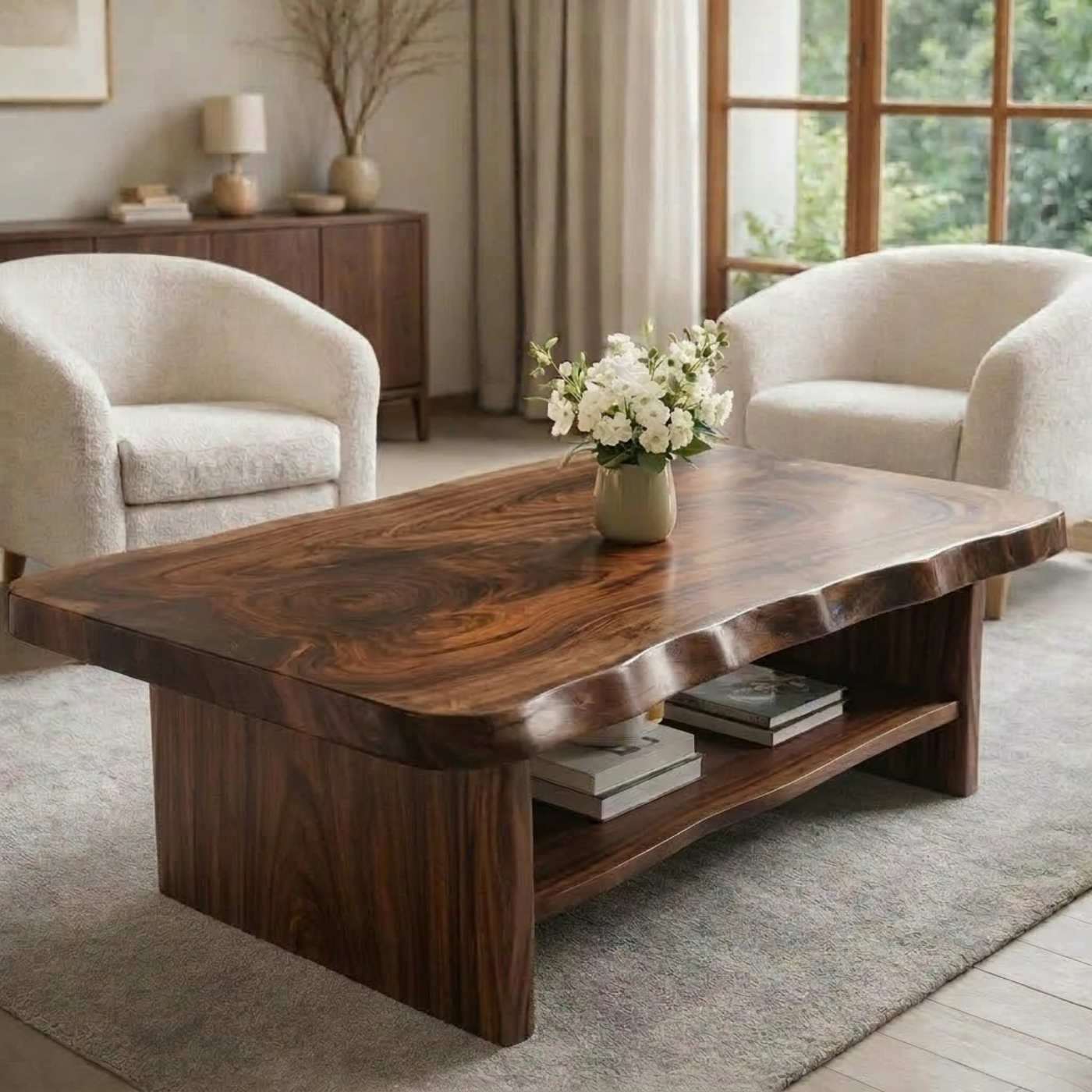 Solid Wood Coffee Table for Living Room with Live Edge Top and Storage Shelf