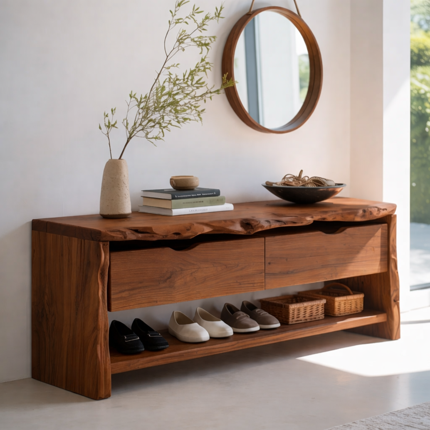 Solid Wood Live Edge Entryway Bench with Drawers & Shoe Shelf – Natural Wood Shoe Storage Bench