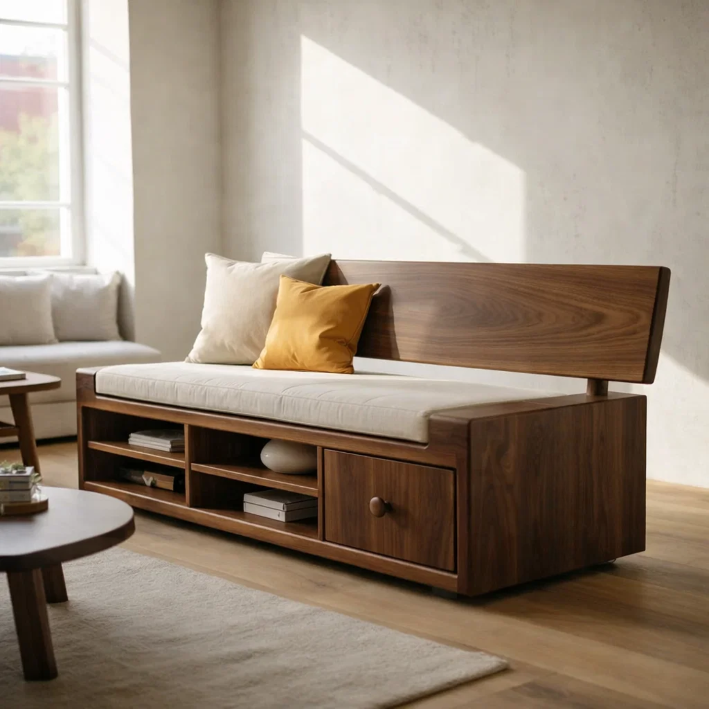 Solid Wood Storage Sofa – Walnut Wooden Sofa with Built-in Shelves