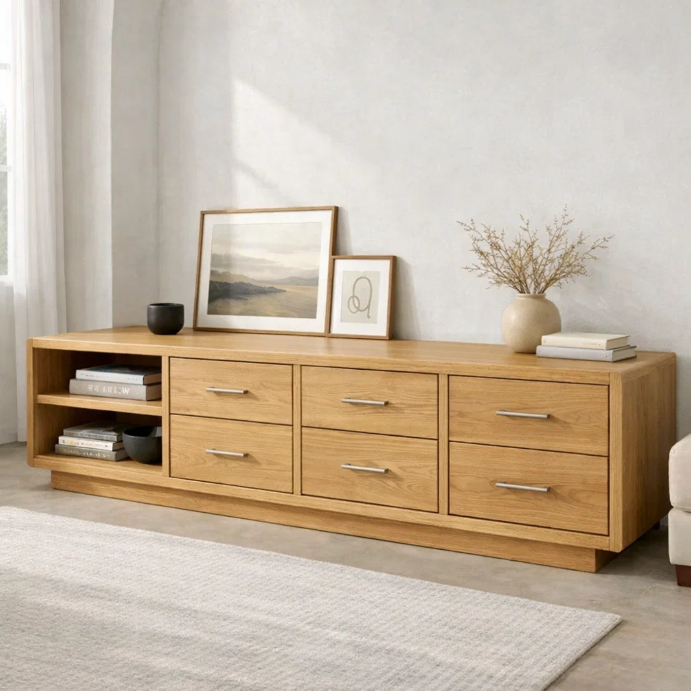 Solid Wood Modern TV Stand with Drawers and Open Shelf Storage