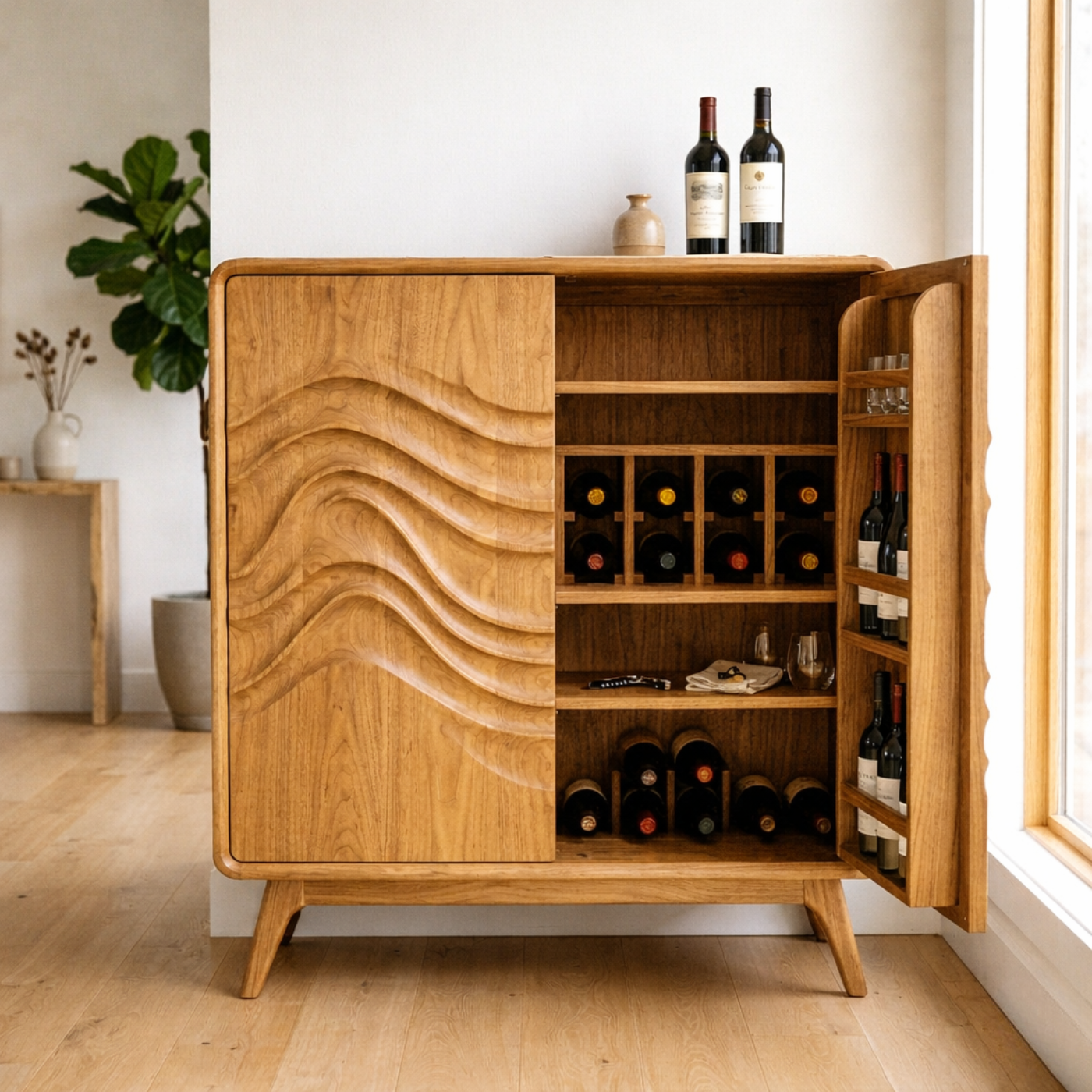 Handcrafted Solid Wood Wine Cabinet with Sculpted Wave Door and Storage Shelves