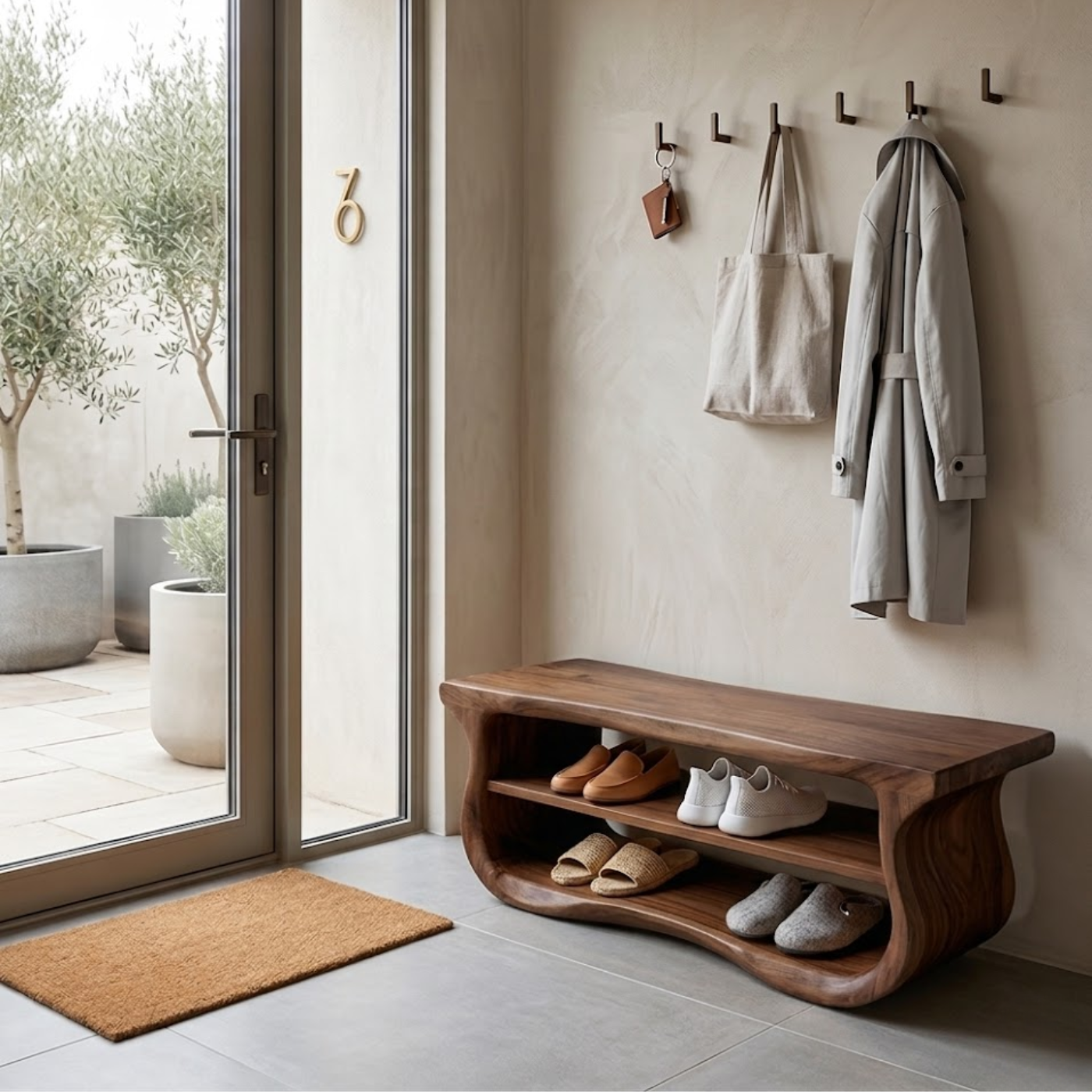 Solid Wood Entryway Bench with Shoe Storage, Organic Wavy Hallway Seating