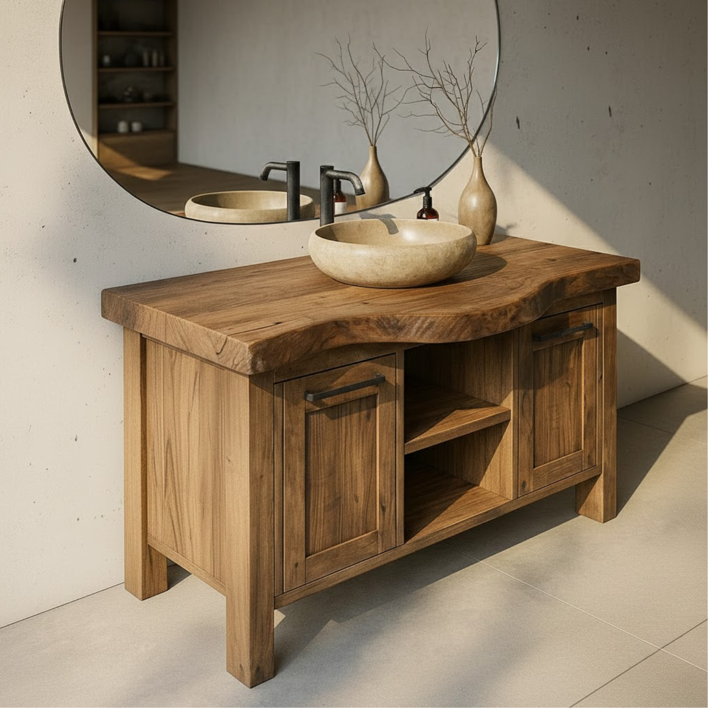 Solid Wood Bathroom Vanity with Double Door Cabinets and Open Center Shelf