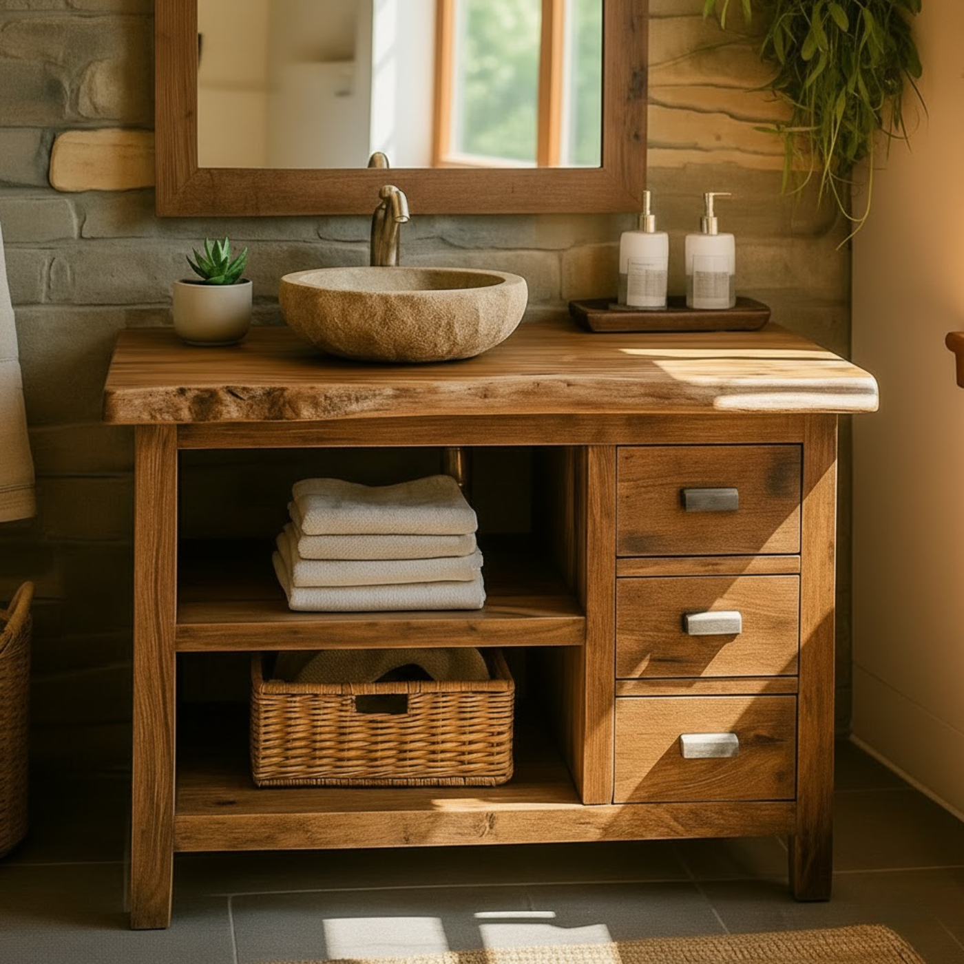 Rustic Solid Wood Live Edge Bathroom Vanity with Open Shelf and Three Drawers