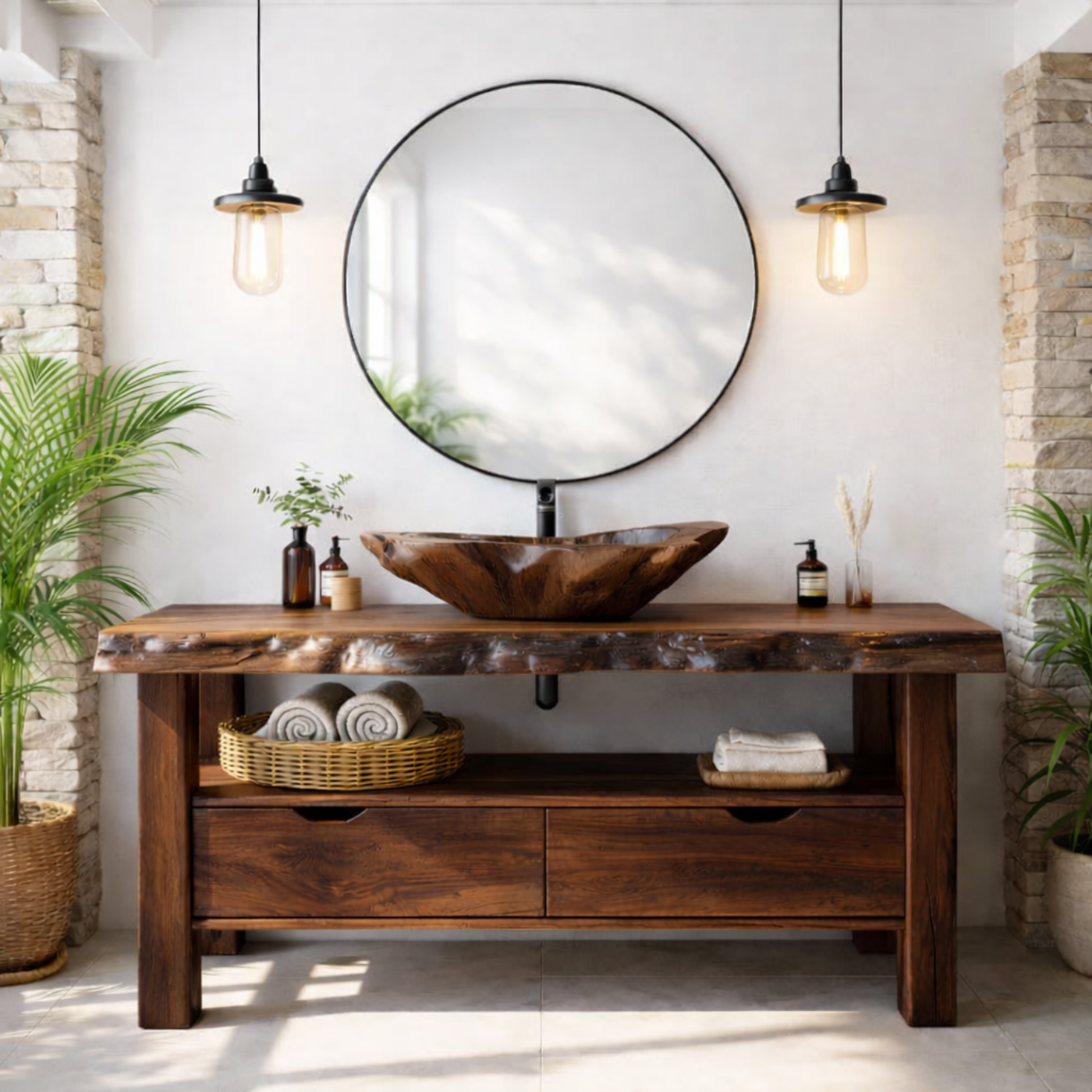 Solid Wood Bathroom Vanity with Live Edge Countertop and Open Shelf – Rustic Modern Bathroom Cabinet