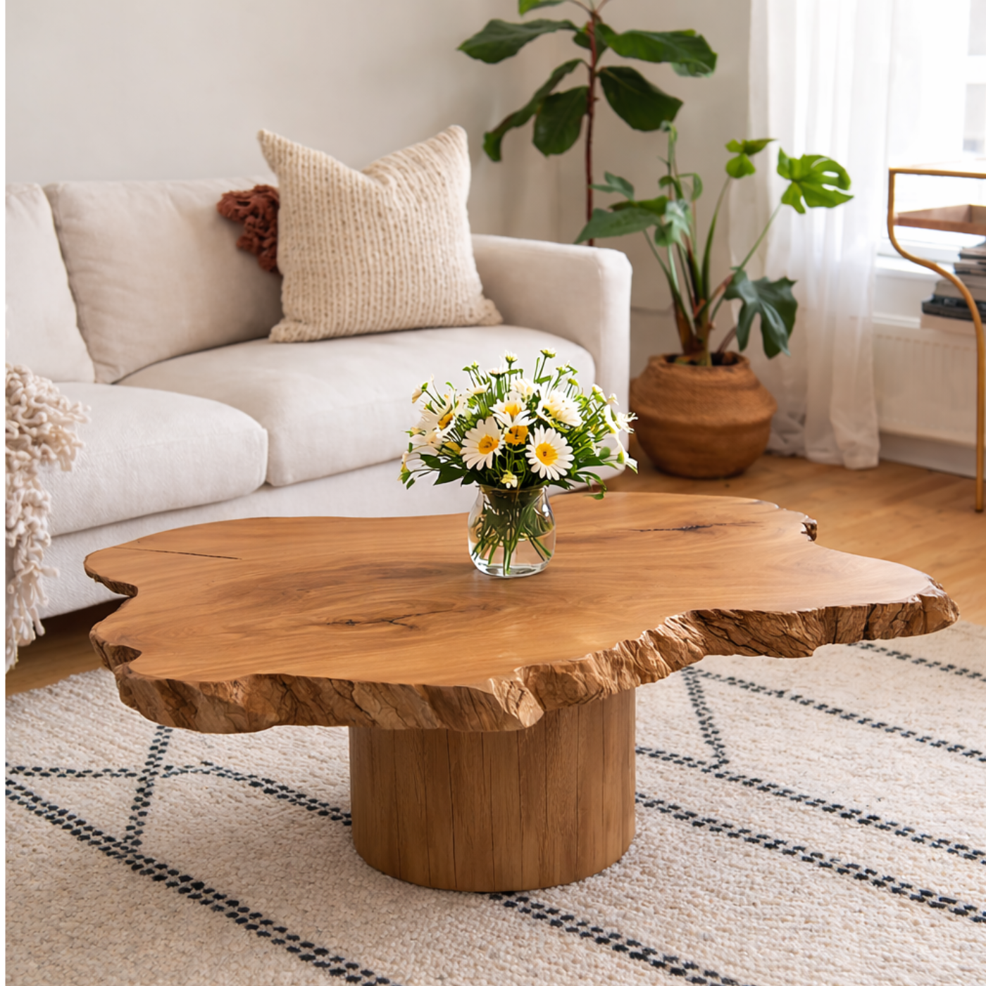 Live Edge Solid Wood Coffee Table for Living Room with Pedestal Base