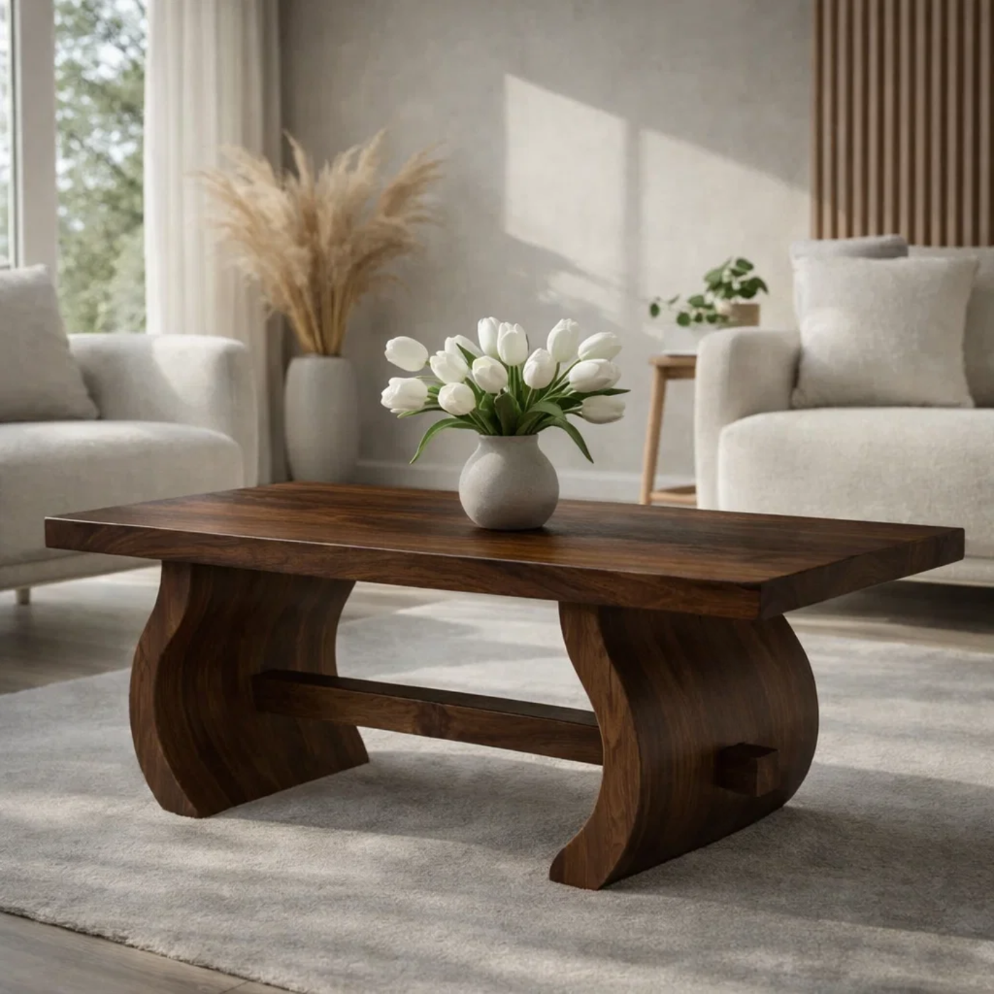 Solid Wood Coffee Table for Modern Home with Sculpted Curved Legs