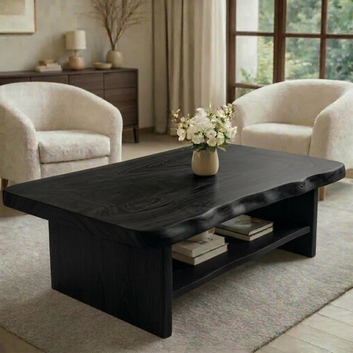 Solid Wood Coffee Table for Living Room with Live Edge Top and Storage Shelf