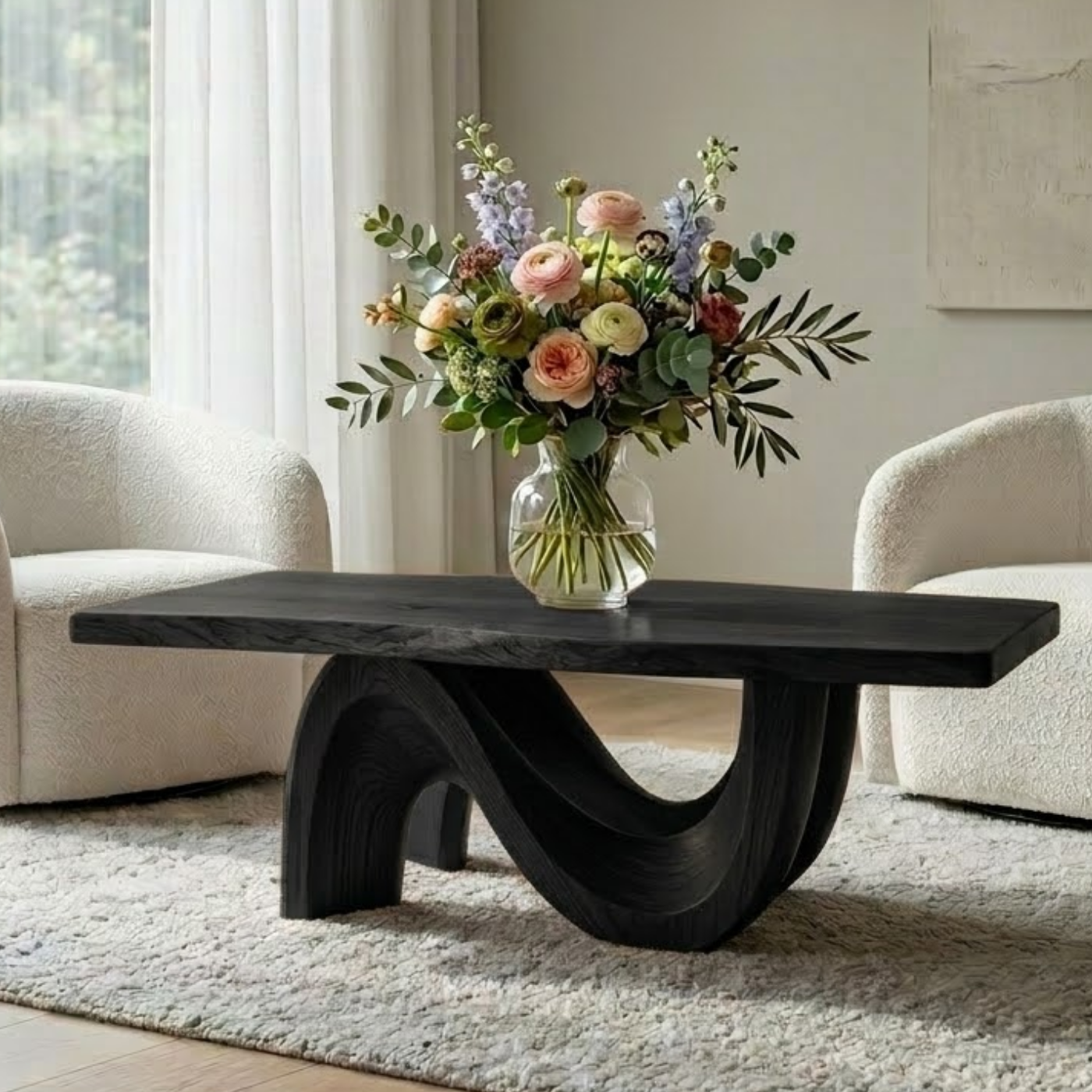 Solid Wood Coffee Table for Modern Living Room with Sculptural Curved Base