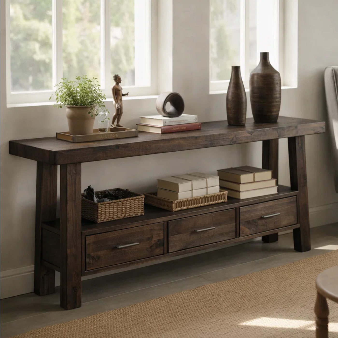 Solid Wood Console Table for Living Room with 3 Drawers and Open Shelf