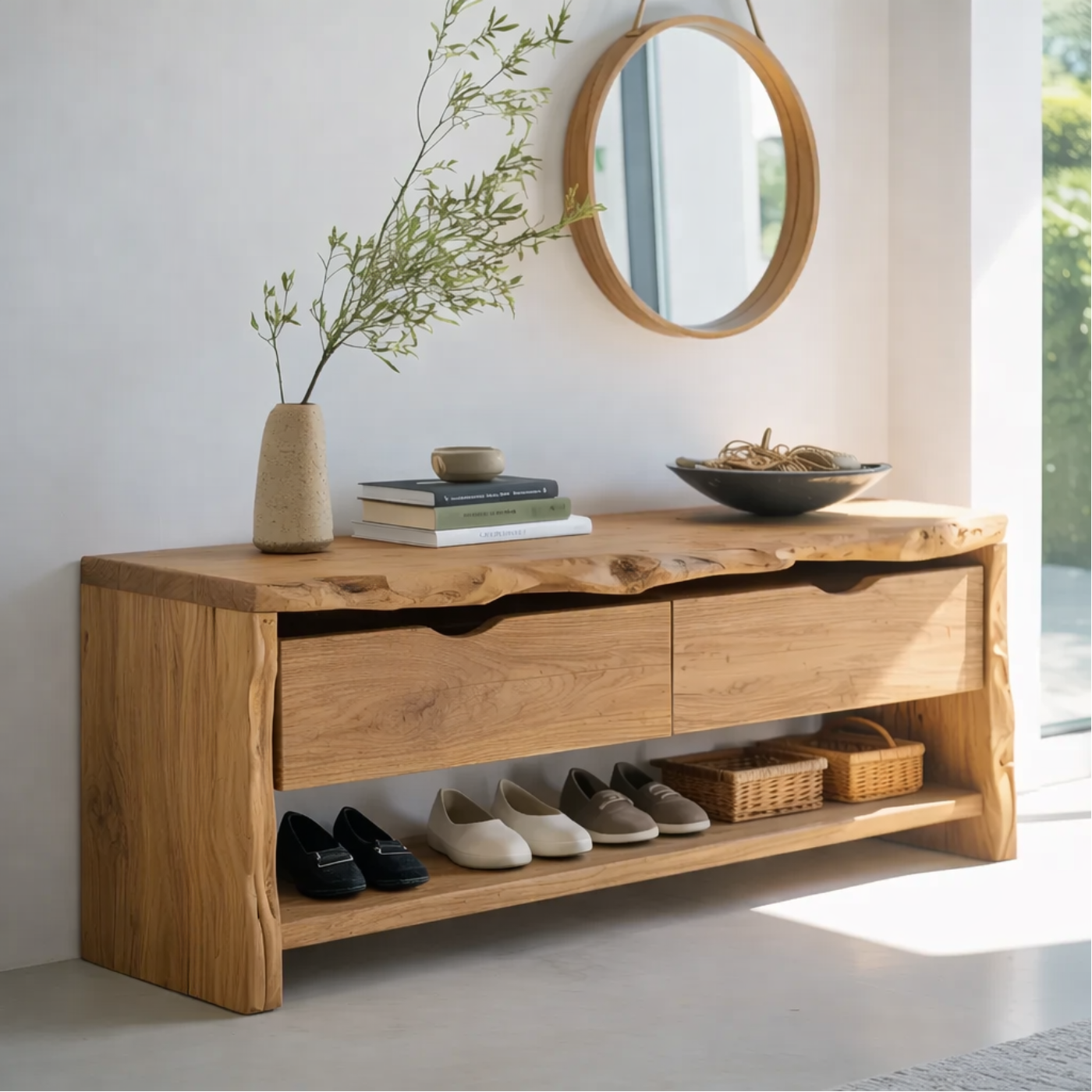 Solid Wood Live Edge Entryway Bench with Drawers & Shoe Shelf – Natural Wood Shoe Storage Bench