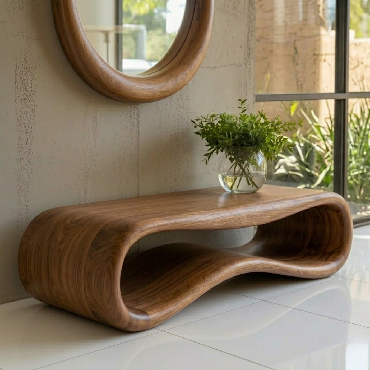 Modern Sculptural Solid Wood Bench - Organic Curved Entryway Seating