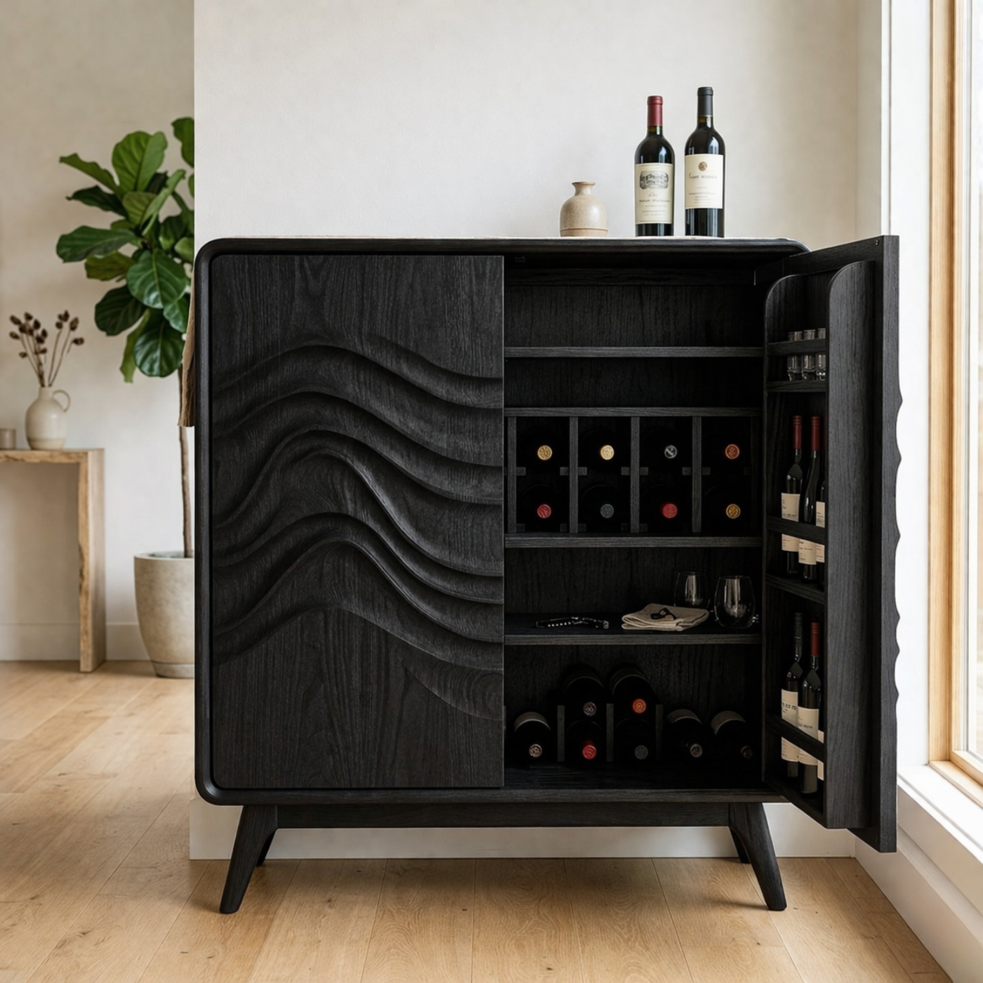 Handcrafted Solid Wood Wine Cabinet with Sculpted Wave Door and Storage Shelves