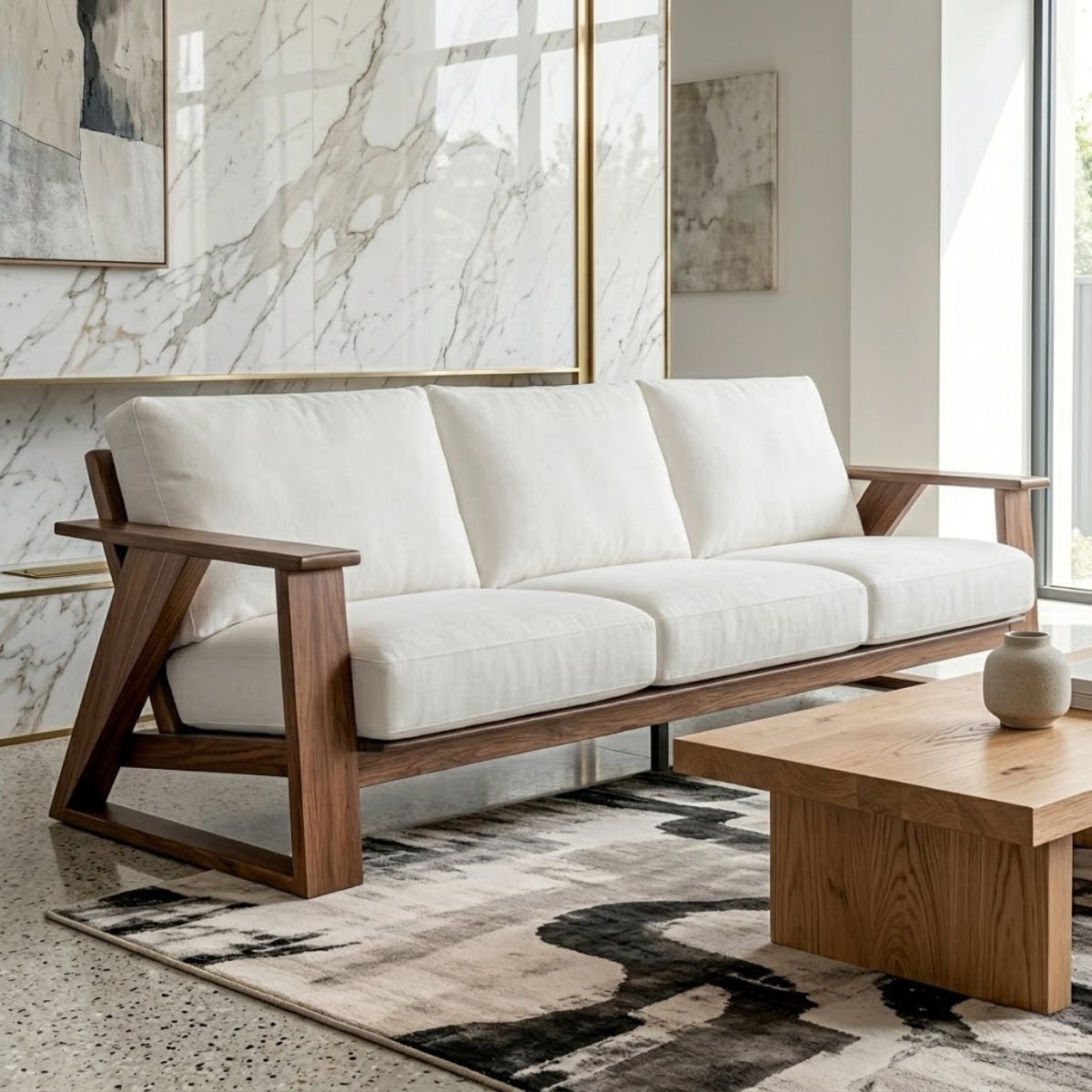 Modern Geometric Solid Wood Sofa with White Linen Cushions Mid Century Living Couch