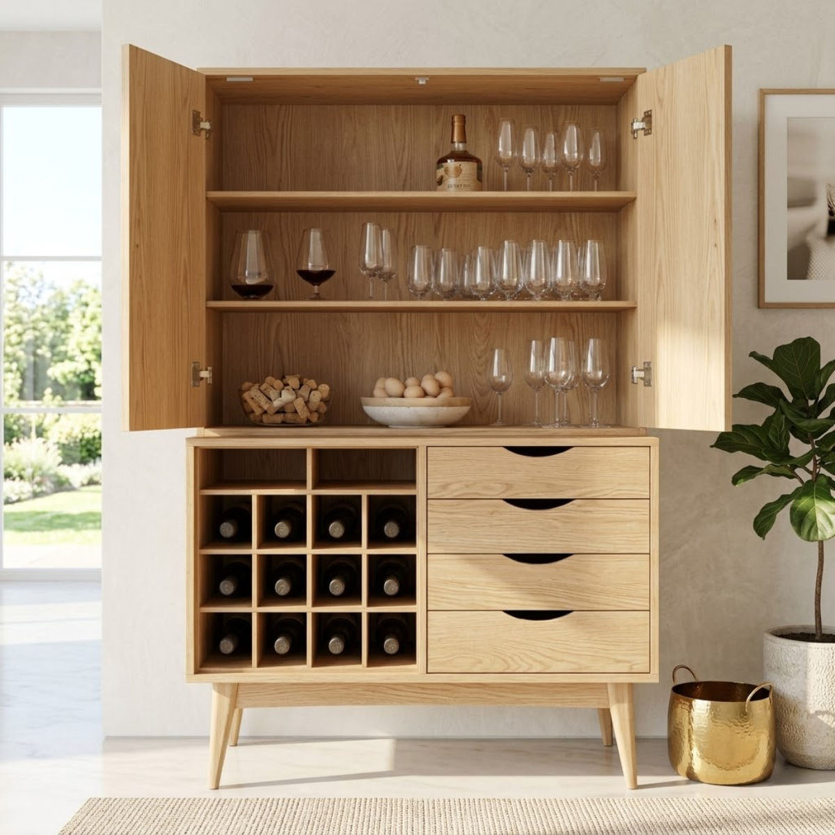 Modern Wine Bar Cabinet with Glass Storage, Bottle Rack and Drawer Organizer