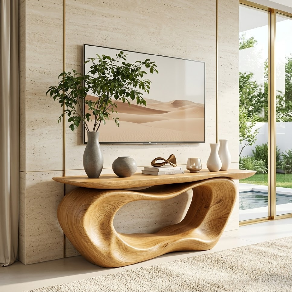 Solid Wood Console Table with Sculpted Base, Modern Minimalist Design