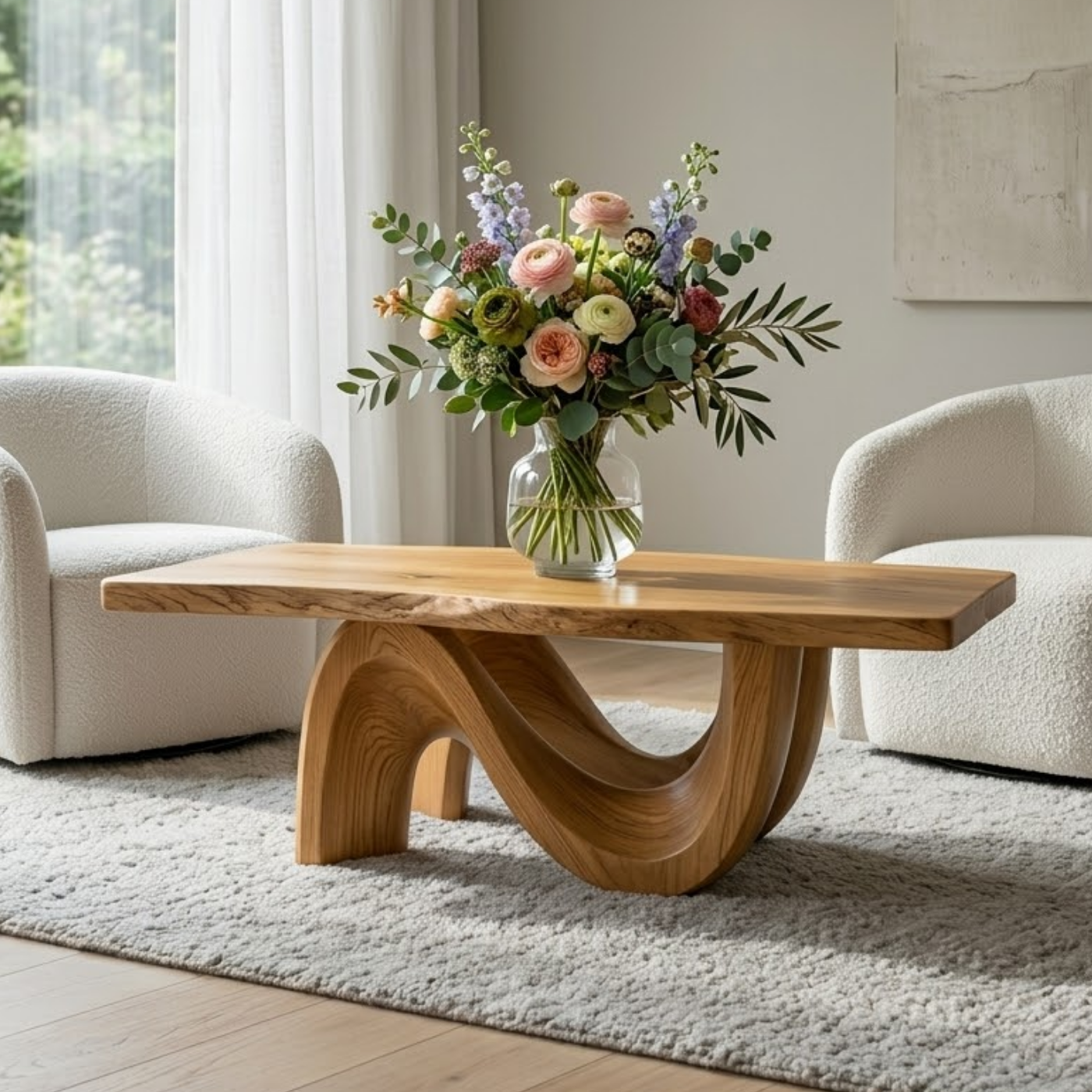 Solid Wood Coffee Table for Modern Living Room with Sculptural Curved Base