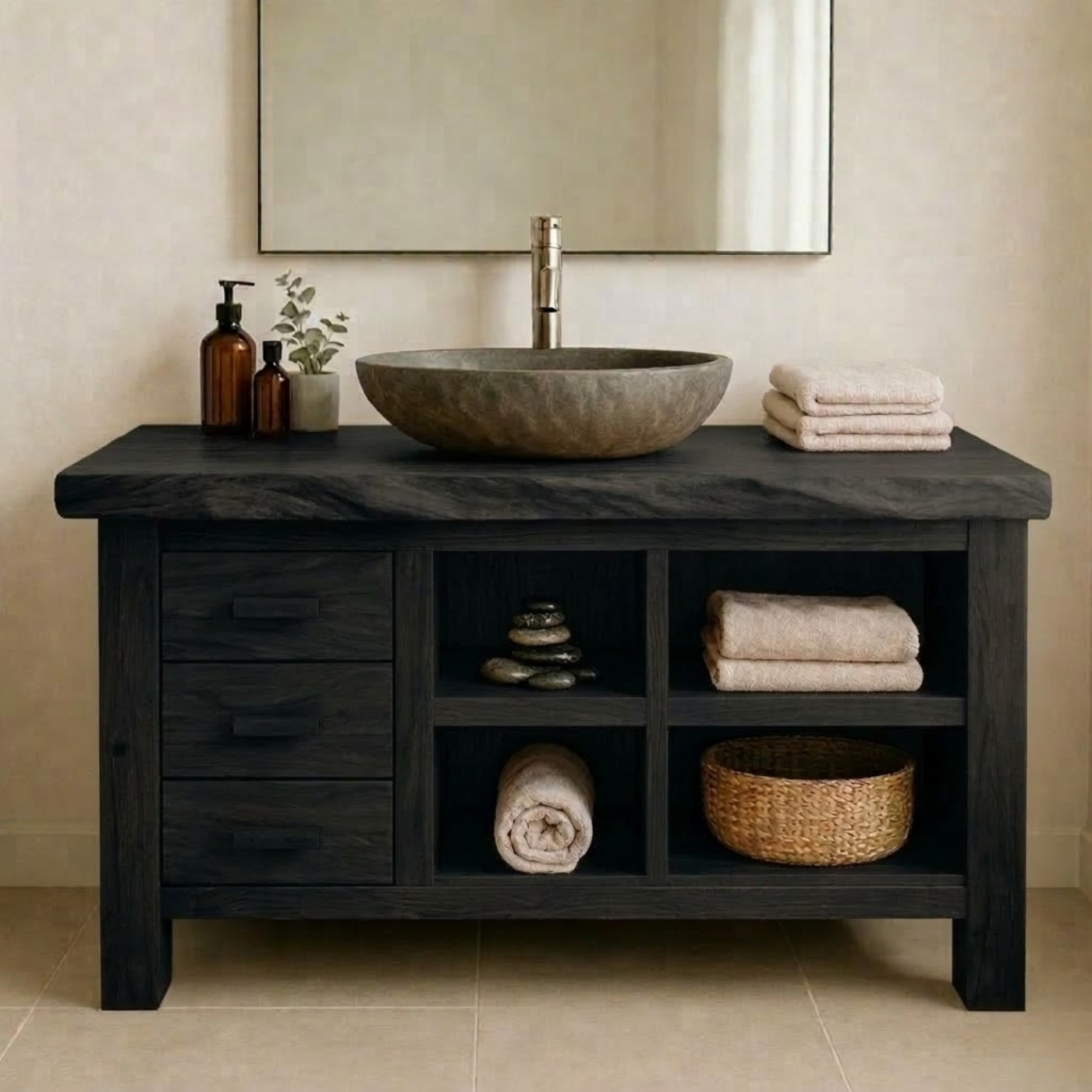 Solid Wood Bathroom Vanity with Live Edge Top and Open Shelves